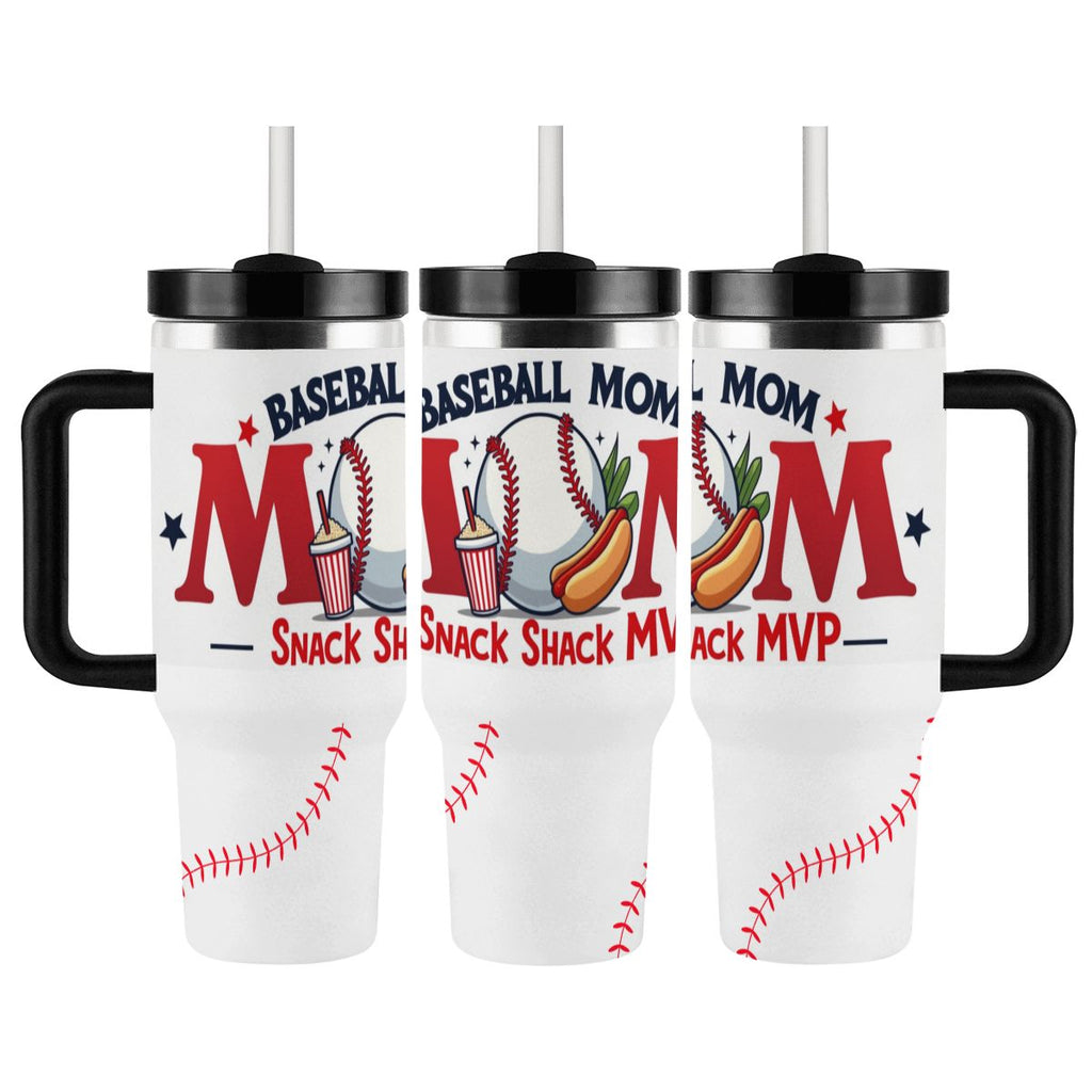 Three white tumblers with black handles and lids featuring 'Baseball Mom' text and graphics on a white background.