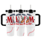 Three white tumblers with black handles and lids featuring 'Baseball Mom' text and graphics on a white background.