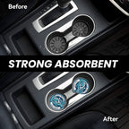 Car cup holder with a strong absorbent product before and after application.