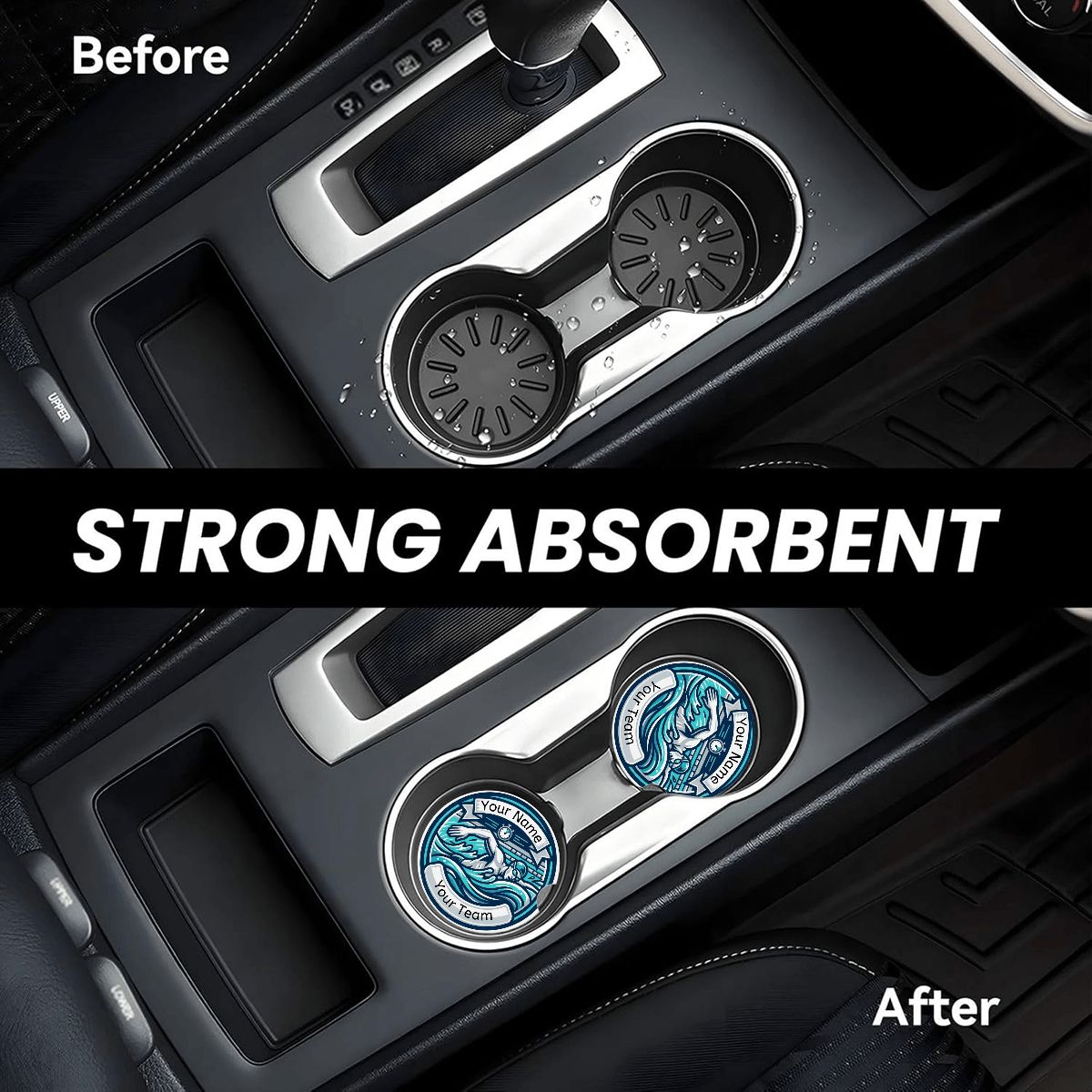 Car cup holder with a strong absorbent product before and after application.