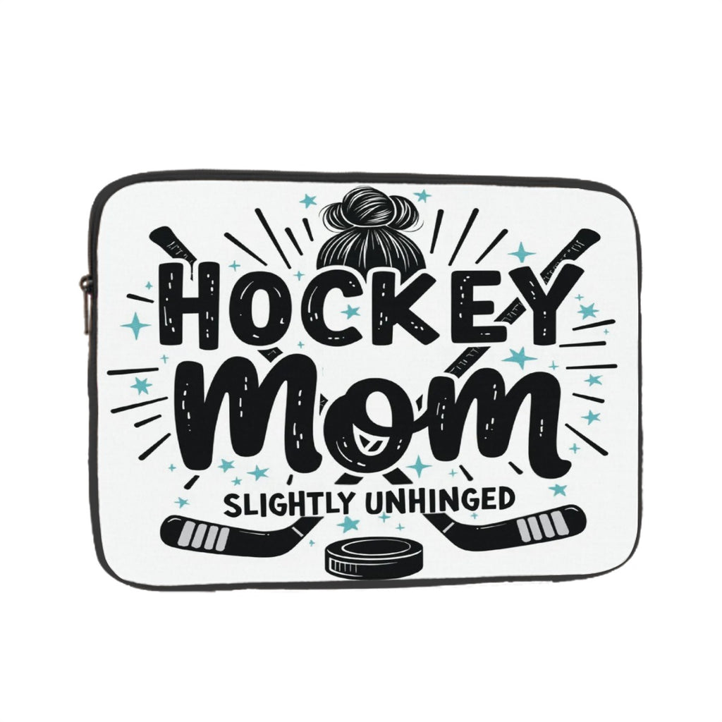 Laptop sleeve with 'Hockey Mom Slightly Unhinged' text and hockey-themed graphics on a white background