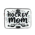 Laptop sleeve with 'Hockey Mom Slightly Unhinged' text and hockey-themed graphics on a white background