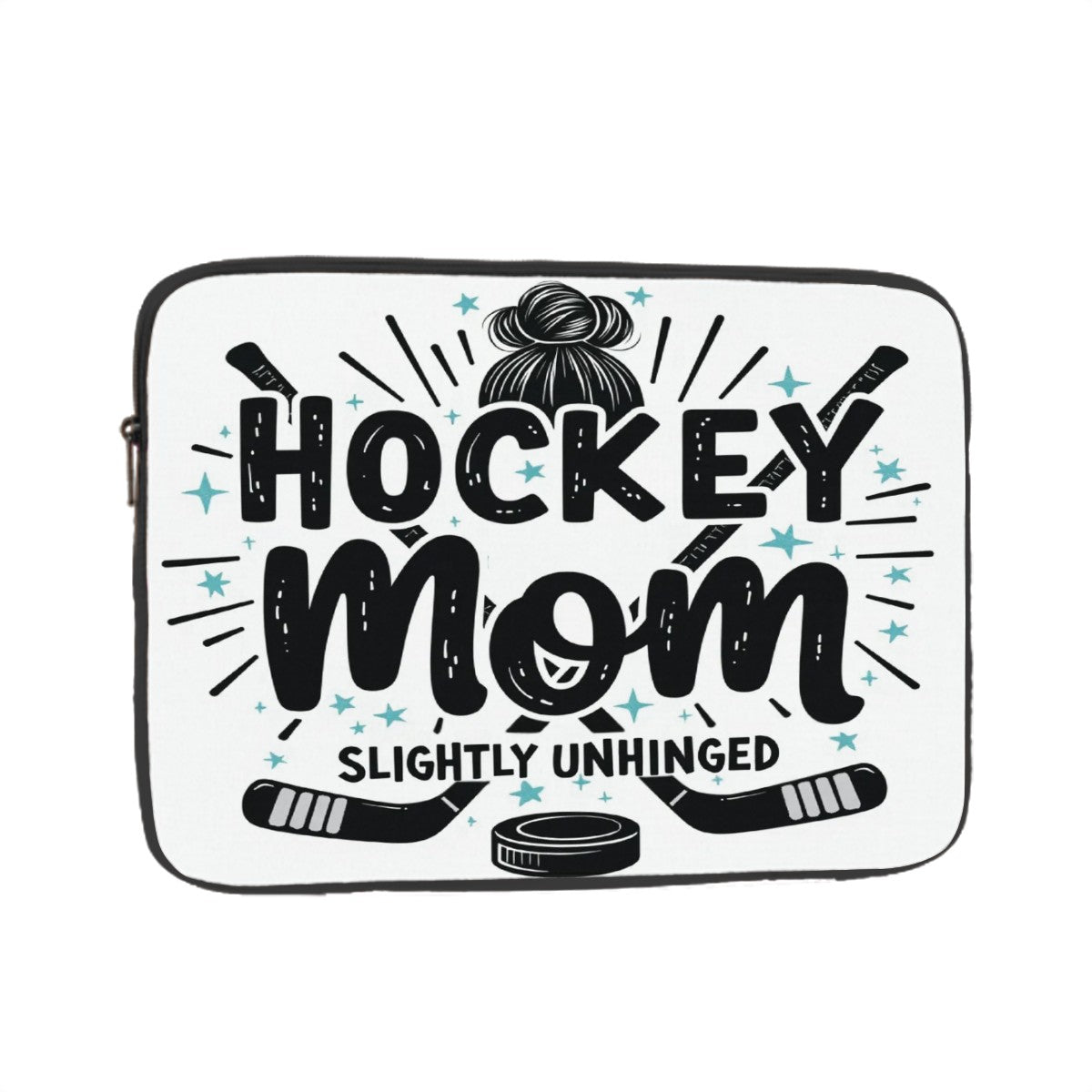 Laptop sleeve with 'Hockey Mom Slightly Unhinged' text and hockey-themed graphics on a white background