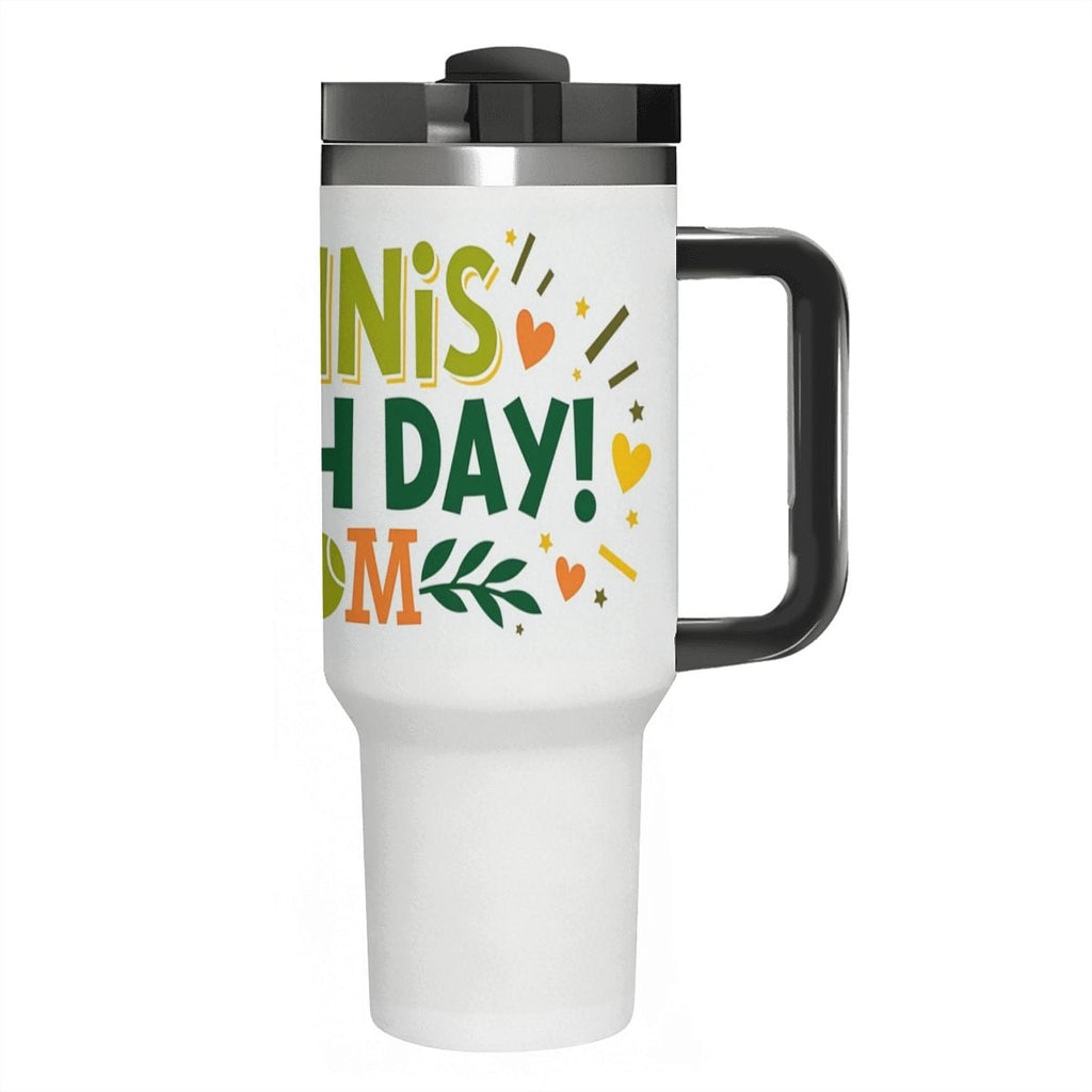 White travel mug with colorful "Tennis Match Day Mom" text and design on a white background
