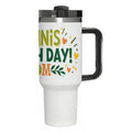 White travel mug with colorful "Tennis Match Day Mom" text and design on a white background