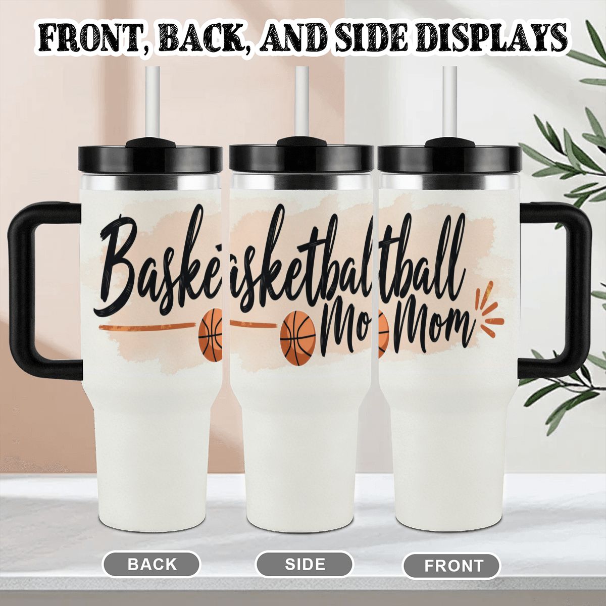 Elegant Watercolor Basketball Mom 40oz Insulated Tumbler with Handle and Straw - Magnolia Wild SC