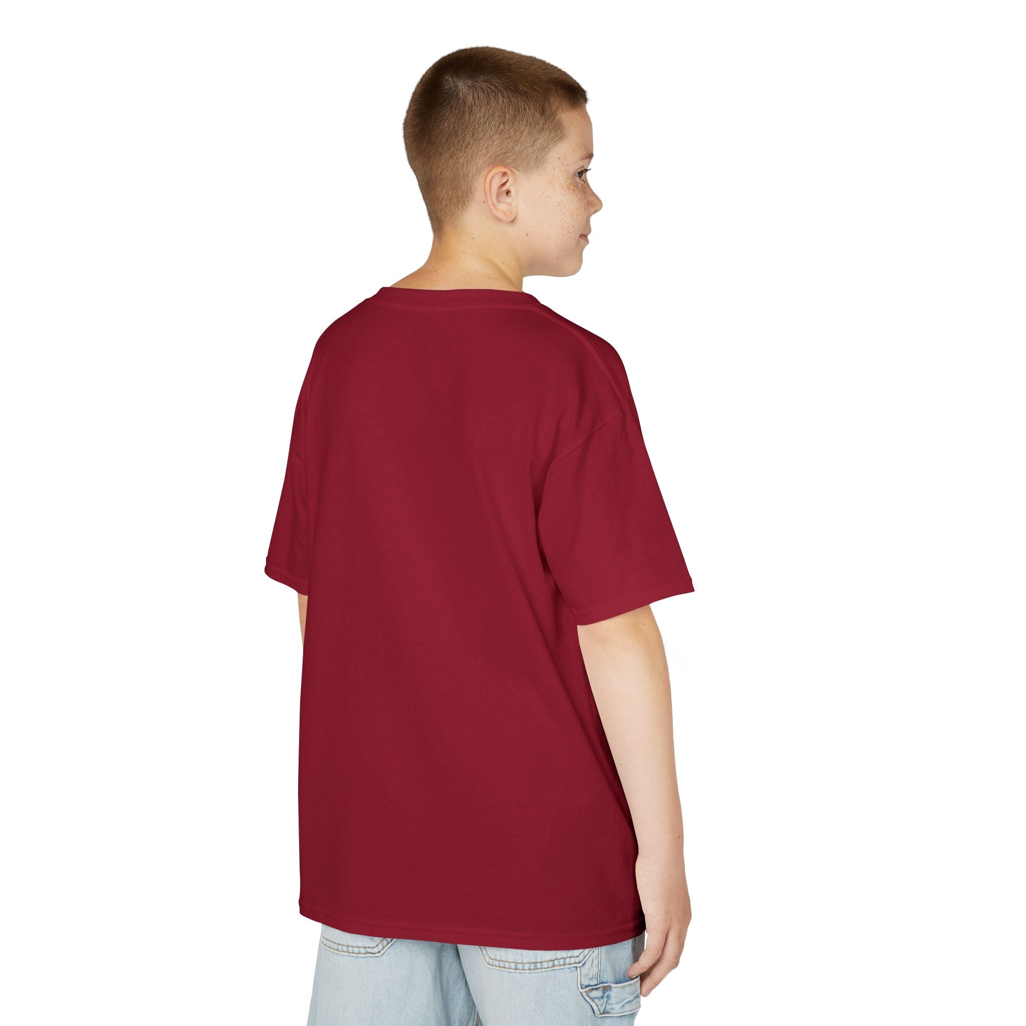 Person wearing a red t-shirt on a white background