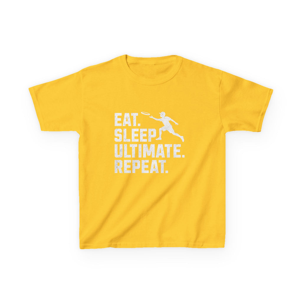 Yellow t-shirt with 'Eat. Sleep. Ultimate. Repeat.' text and graphic on a white background