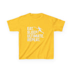 Yellow t-shirt with 'Eat. Sleep. Ultimate. Repeat.' text and graphic on a white background