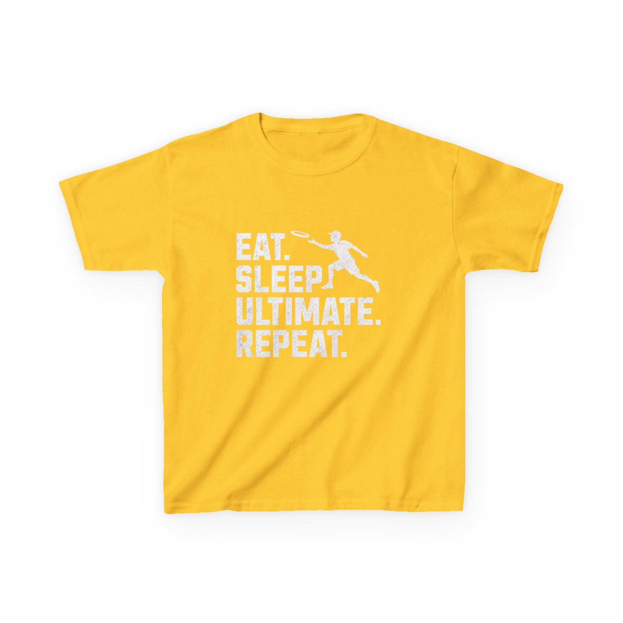 Yellow t-shirt with 'Eat. Sleep. Ultimate. Repeat.' text and graphic on a white background