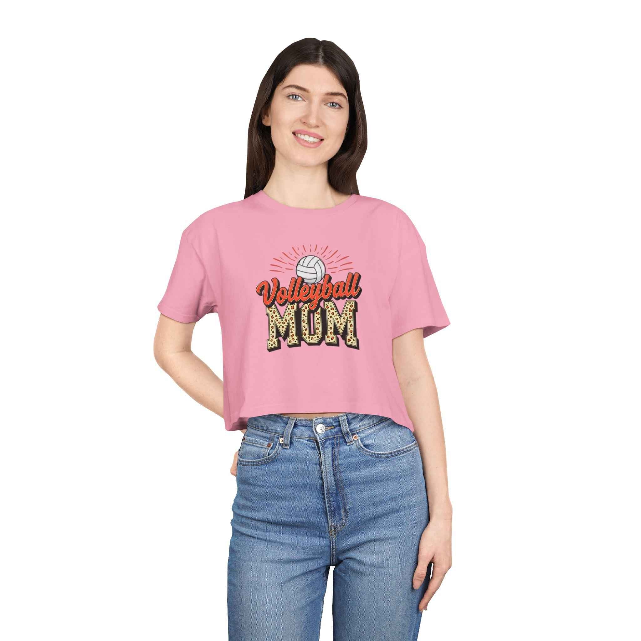 Volleyball Mom Cheetah Print Women's Crop Tee
