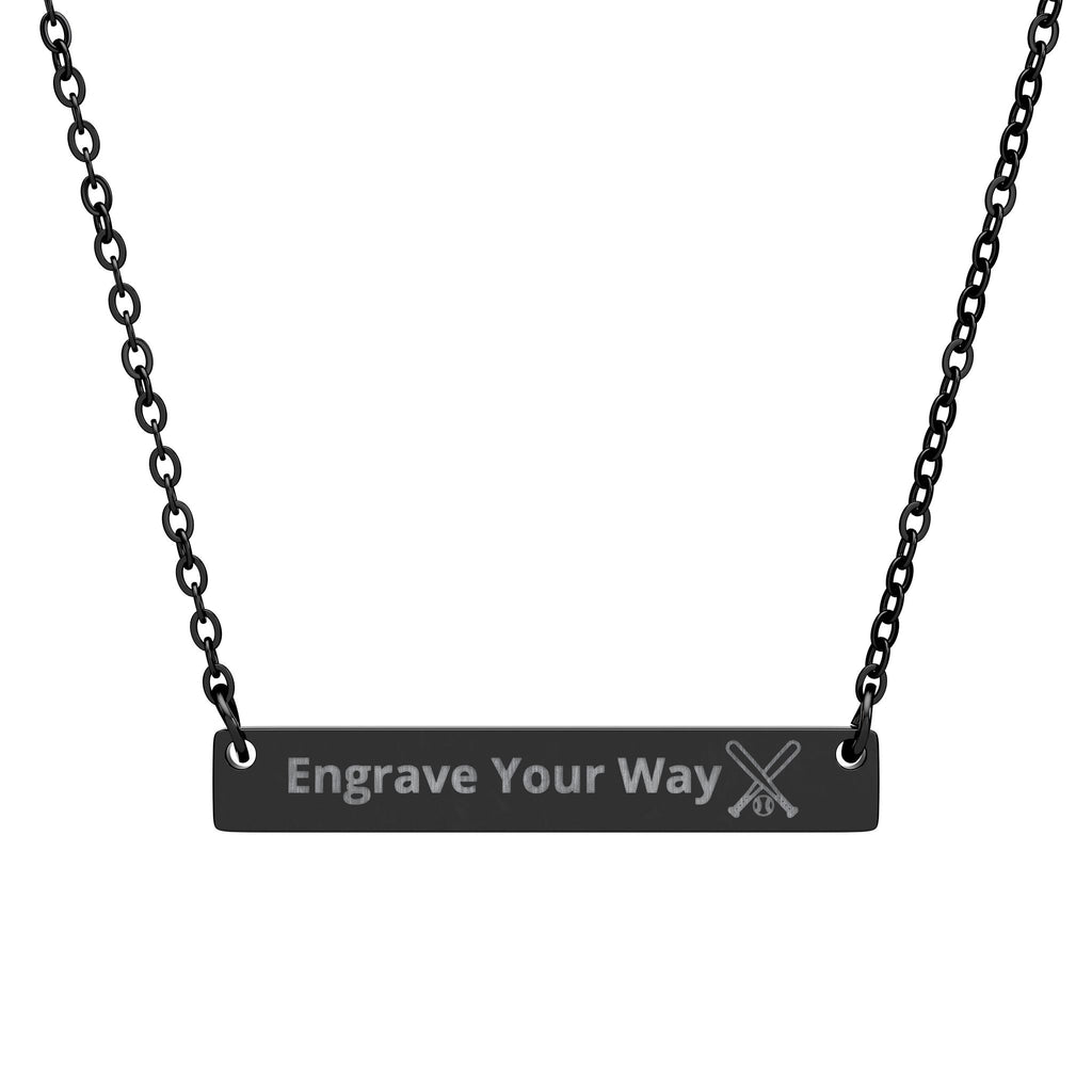 Black bar necklace with custom engraving and a crossed baseball bat and ball icon on a white background