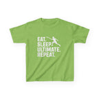 Green t-shirt with 'Eat. Sleep. Ultimate. Repeat.' text and graphic on a white background