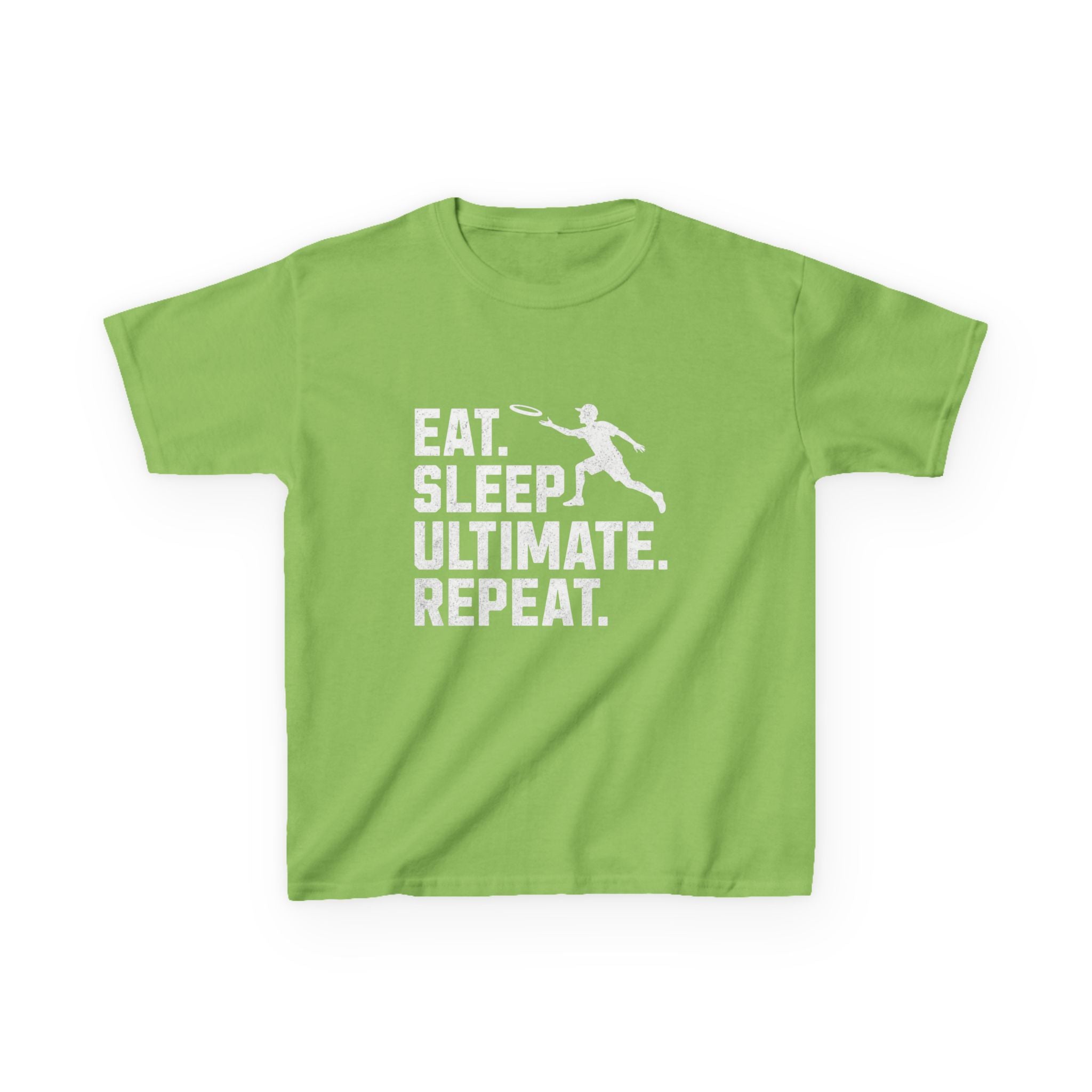 Green t-shirt with 'Eat. Sleep. Ultimate. Repeat.' text and graphic on a white background