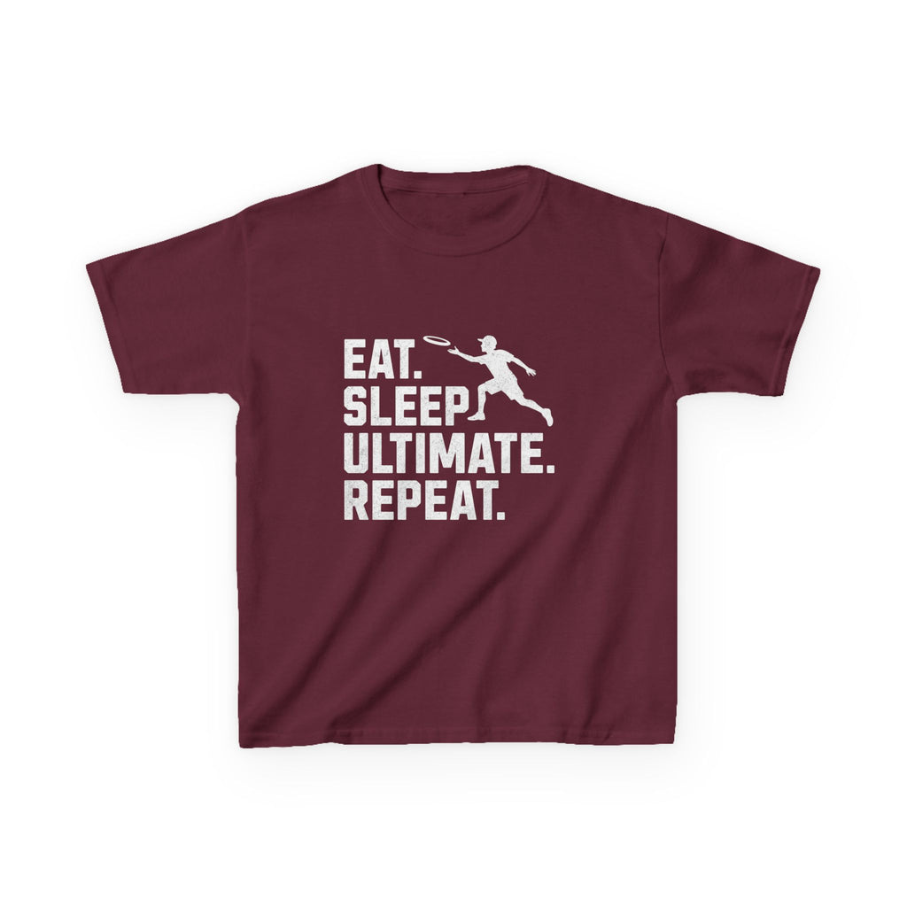 Maroon t-shirt with 'Eat. Sleep. Ultimate. Repeat.' text and graphic on a white background