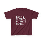 Maroon t-shirt with 'Eat. Sleep. Ultimate. Repeat.' text and graphic on a white background