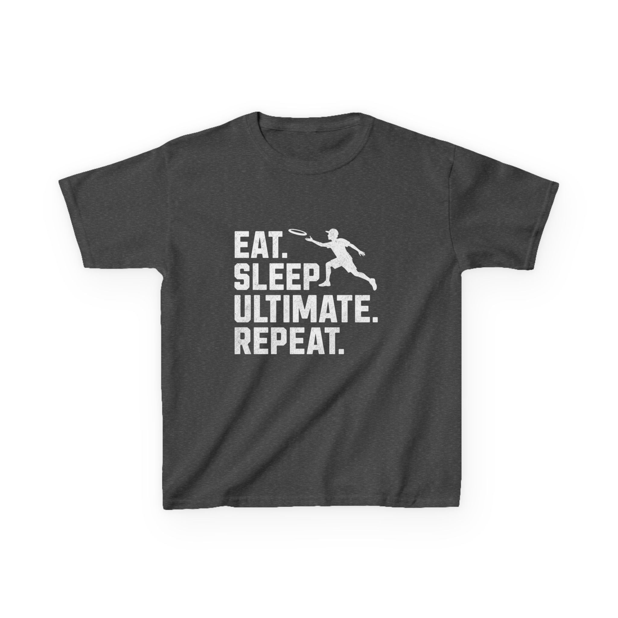 Dark gray t-shirt with 'Eat. Sleep. Ultimate. Repeat.' text and graphic on a white background