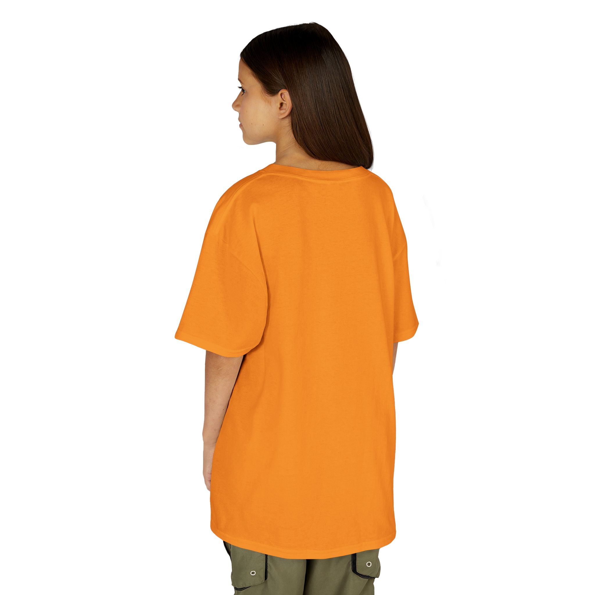 Person wearing an orange t-shirt on a white background