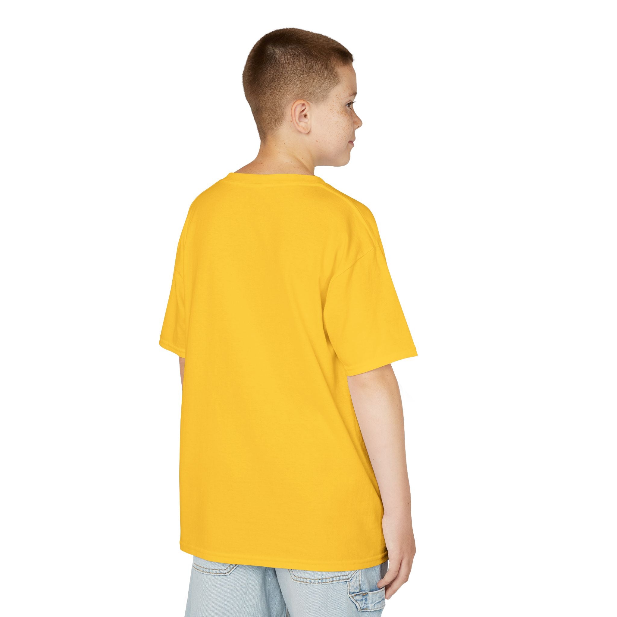 Person wearing a yellow t-shirt on a white background