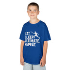 Child wearing a blue t-shirt with 'Eat. Sleep. Ultimate. Repeat.' text and graphic on a white background