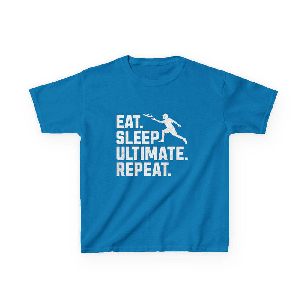 Blue t-shirt with white text and graphic on a white background