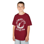 Child wearing a red t-shirt with white graphic and text on a white background