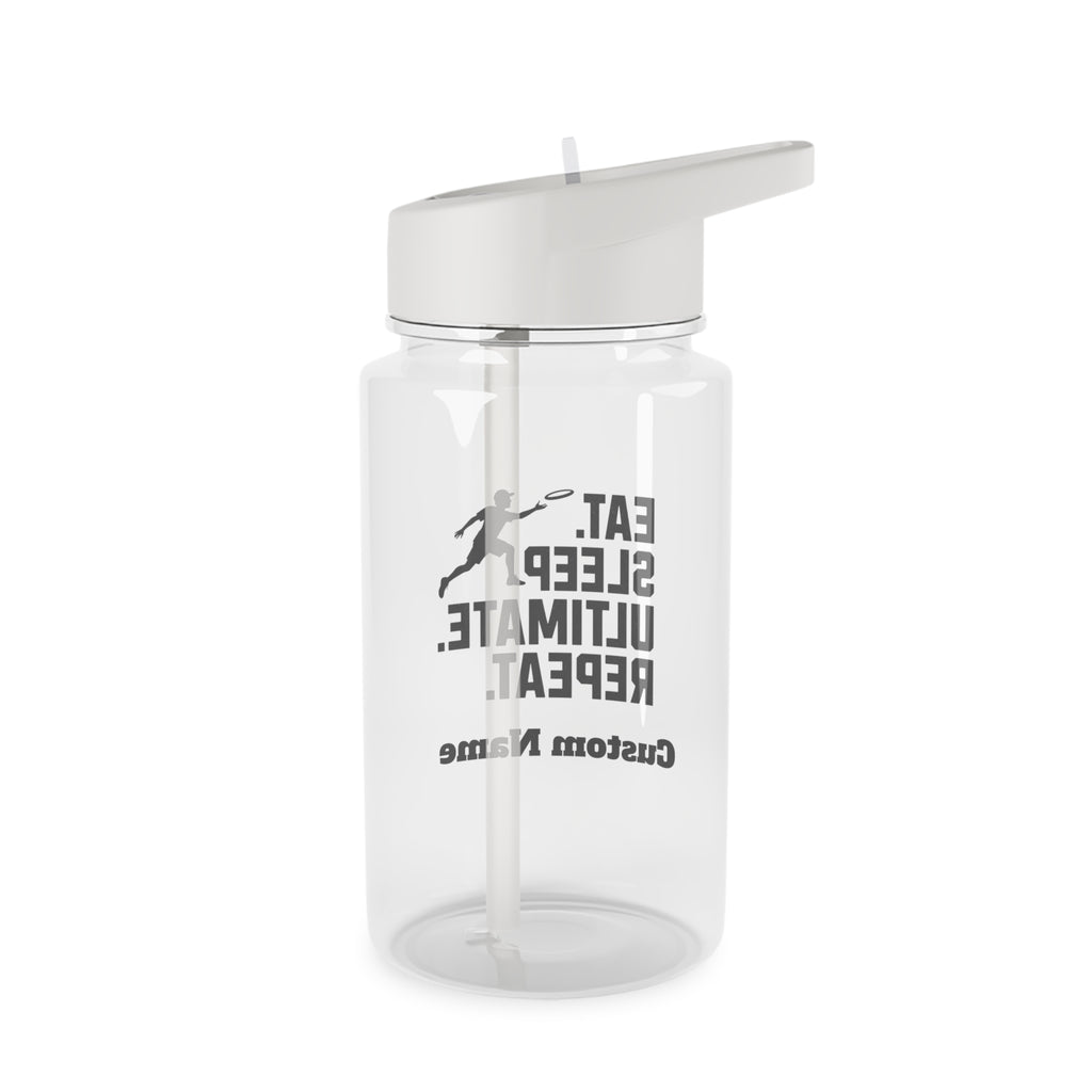 Clear water bottle with white cap and logo on a white background