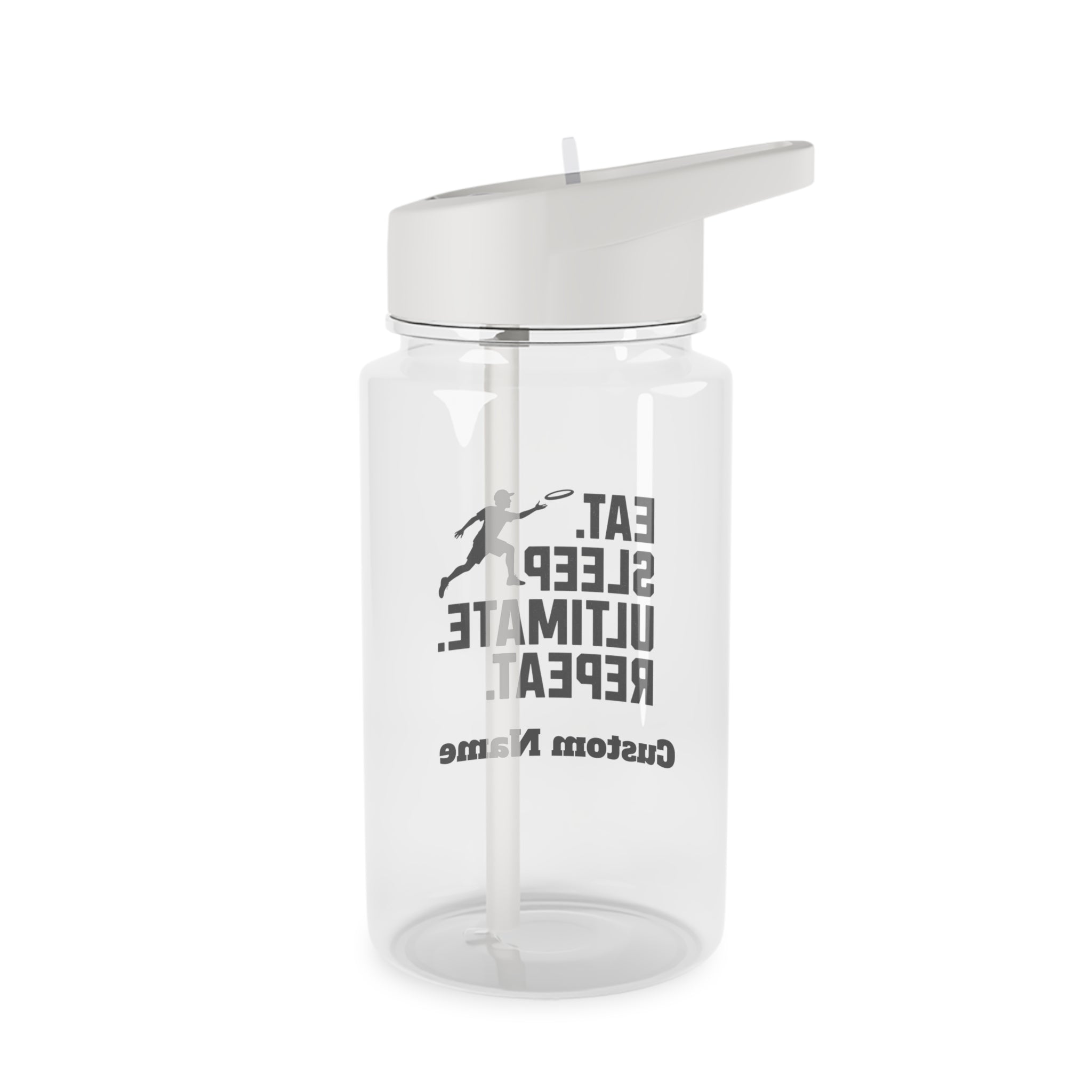 Clear water bottle with white cap and logo on a white background