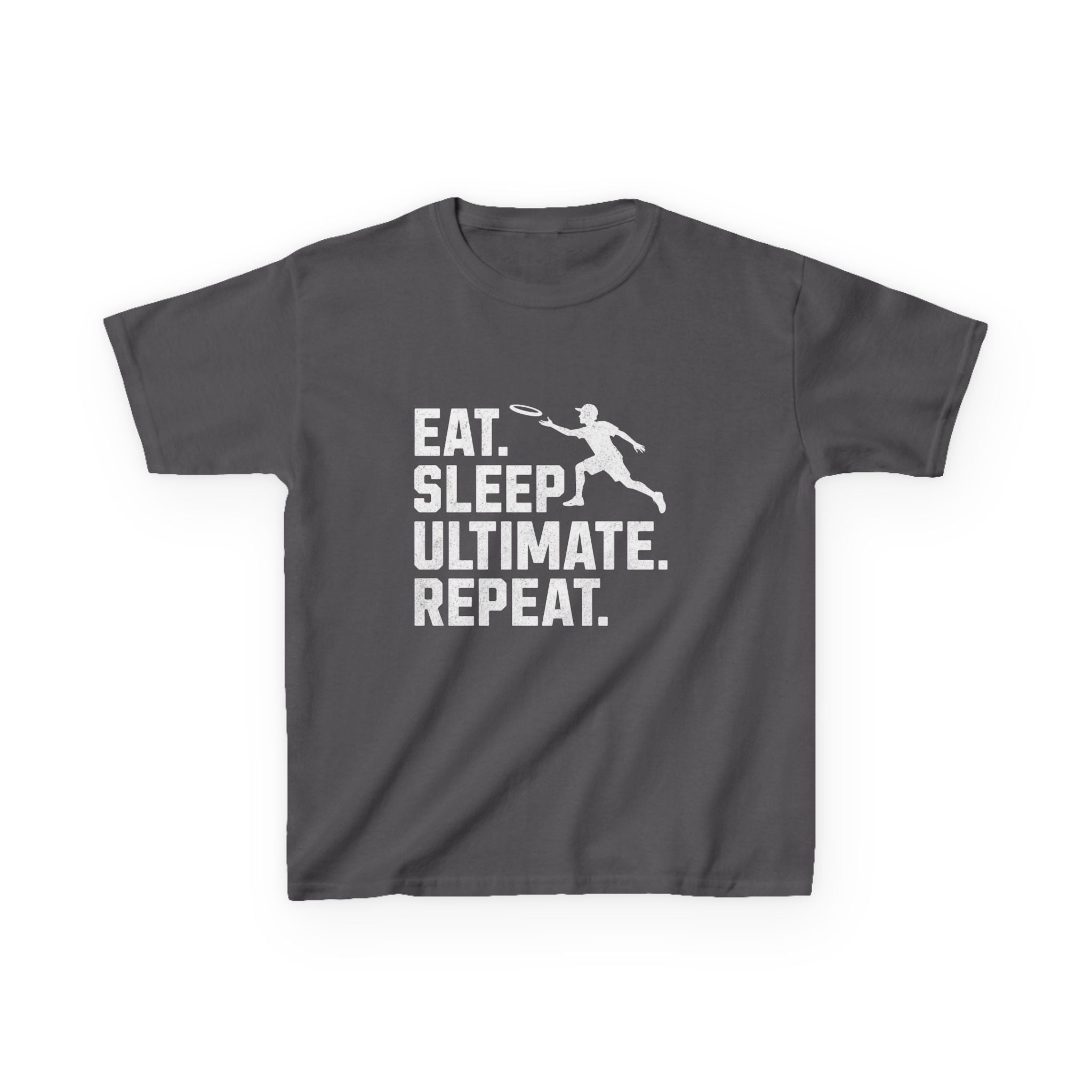 Gray t-shirt with 'Eat. Sleep. Ultimate. Repeat.' text and graphic on a white background