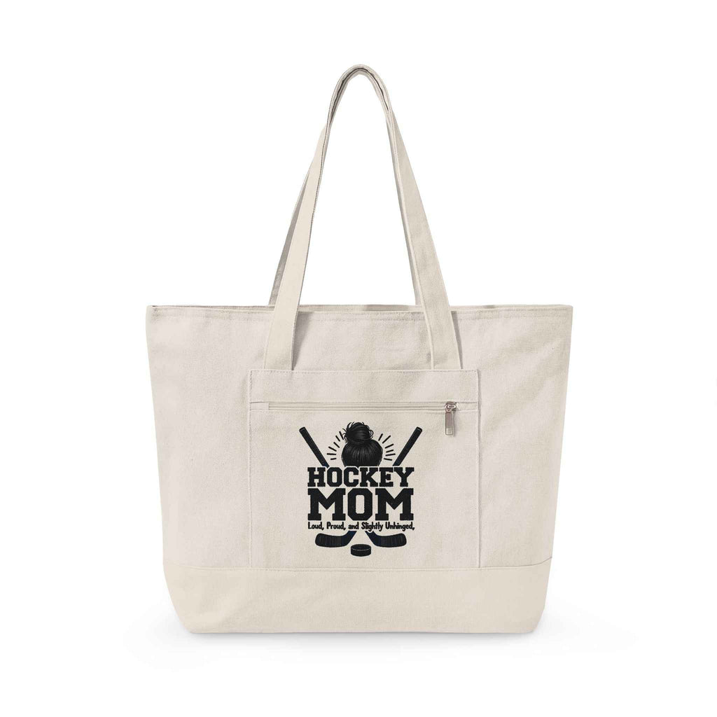 Personalized Hockey Mom Canvas Tote — Messy Bun, Big Energy, Full Gear