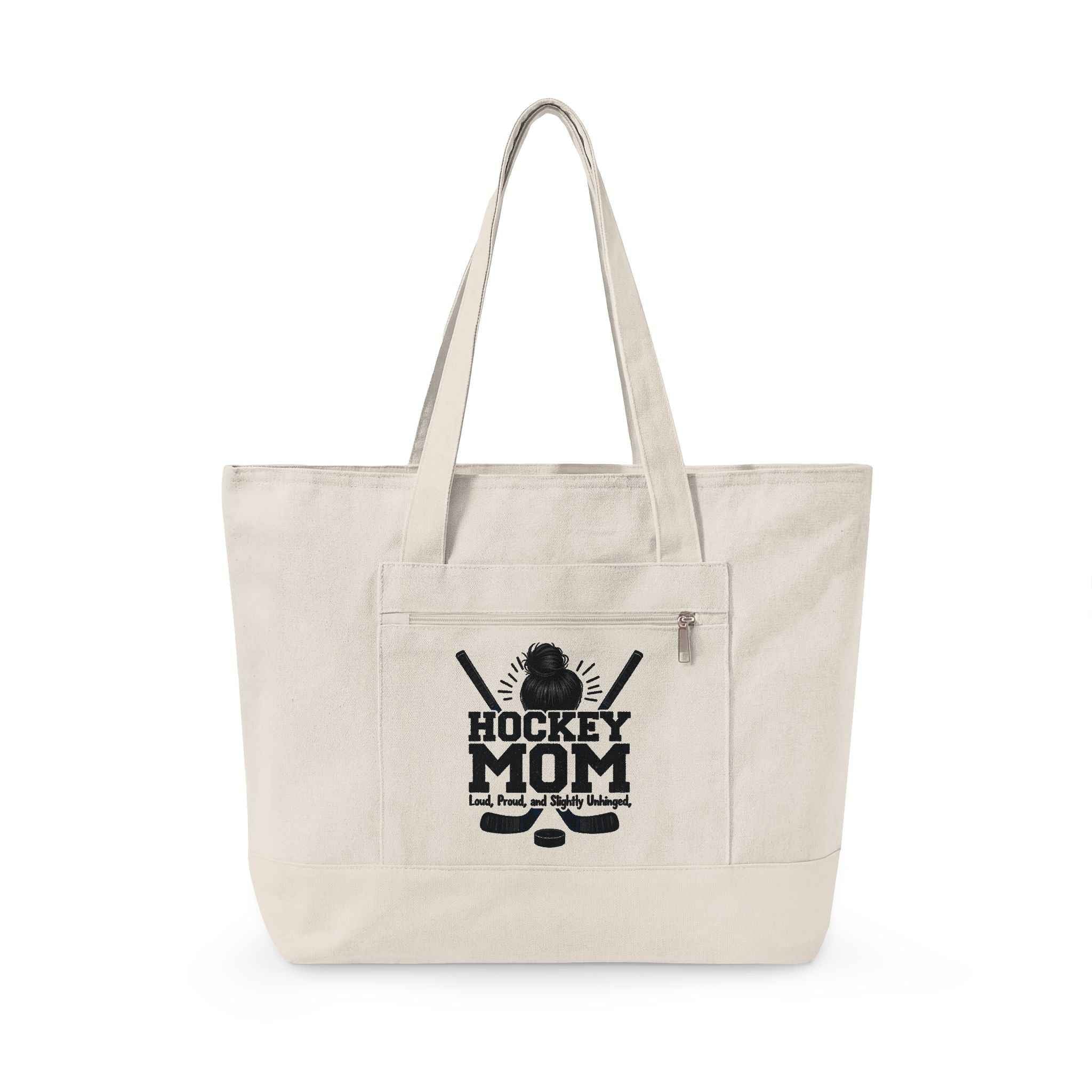 Personalized Hockey Mom Canvas Tote — Messy Bun, Big Energy, Full Gear