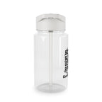 Clear water bottle with a silver lid on a white background