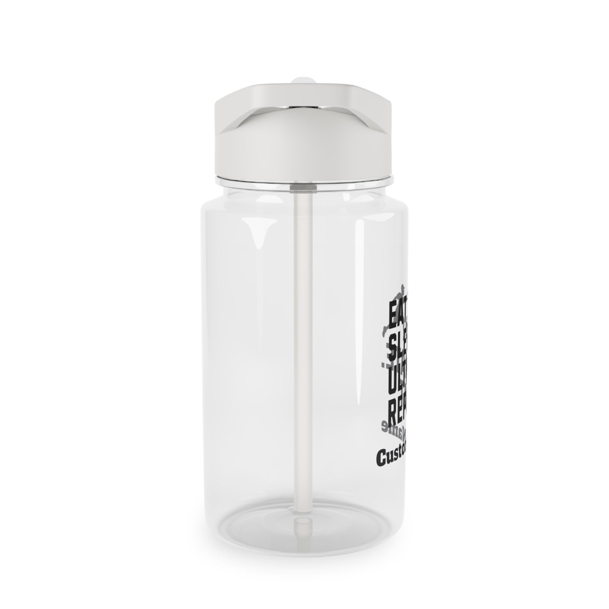 Clear water bottle with a silver lid on a white background