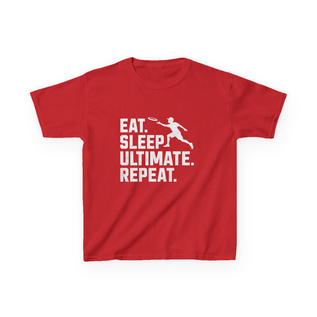 Red t-shirt with white text and graphic on a white background