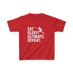 Red t-shirt with white text and graphic on a white background