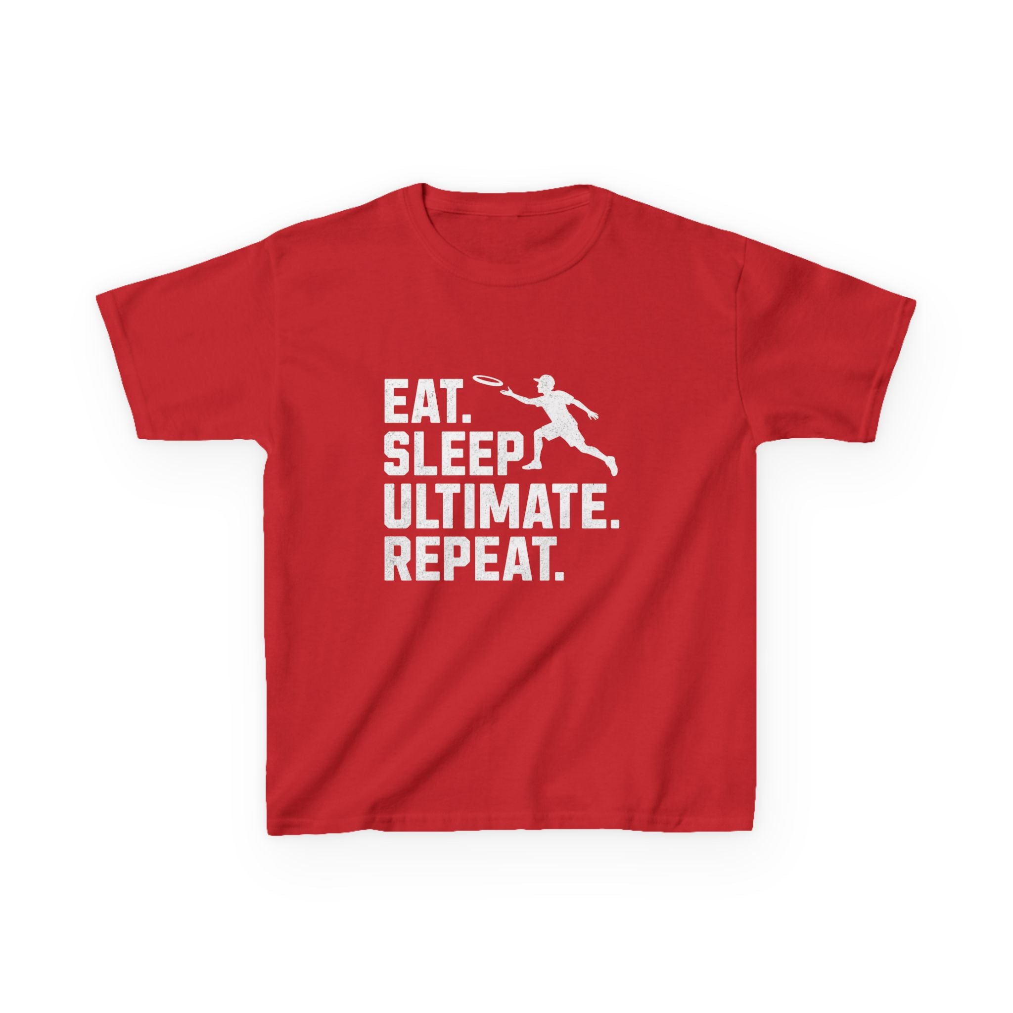 Red t-shirt with white text and graphic on a white background