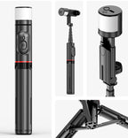 Collage of a black and silver selfie stick with various attachments on a white background