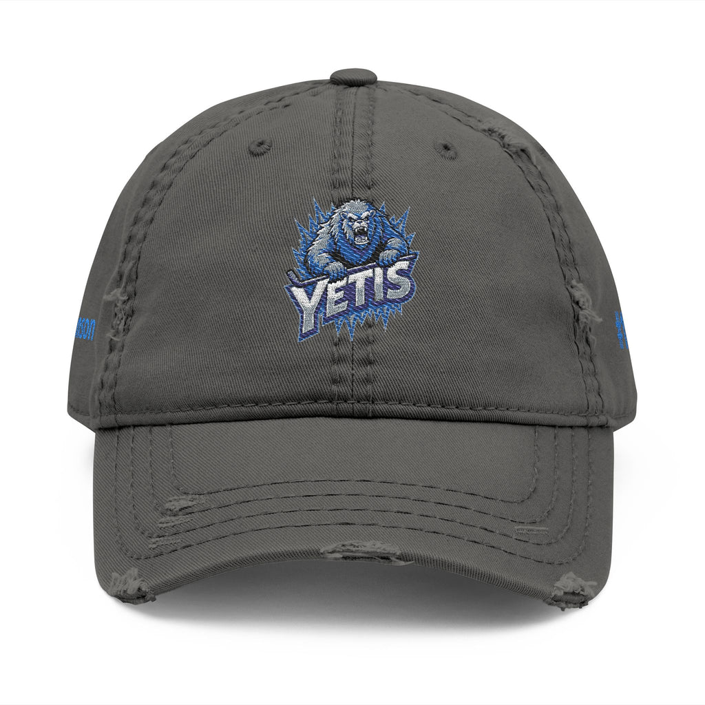 Gray cap with blue and white logo on a white background