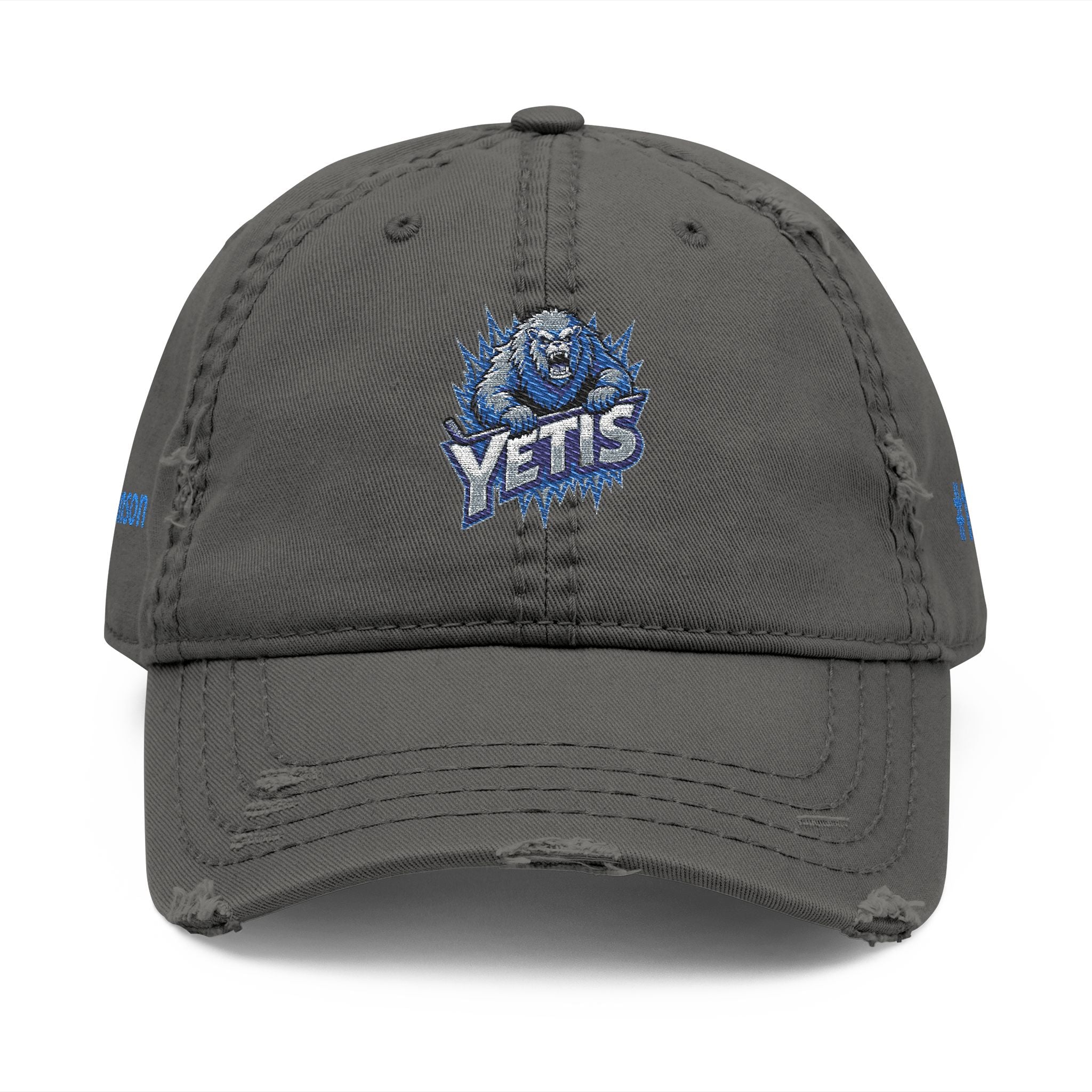 Gray cap with blue and white logo on a white background