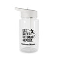 Clear water bottle with white lid featuring text 'Eat. Sleep.