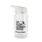 Clear water bottle with white lid featuring text 'Eat. Sleep.