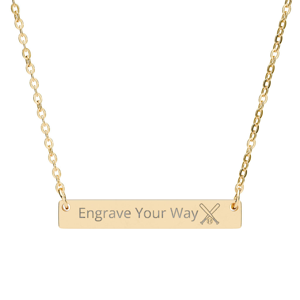 Gold necklace with a bar pendant with custom engraving and a crossed baseball bat and ball icon on white background