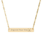 Gold necklace with a bar pendant with custom engraving and a crossed baseball bat and ball icon on white background