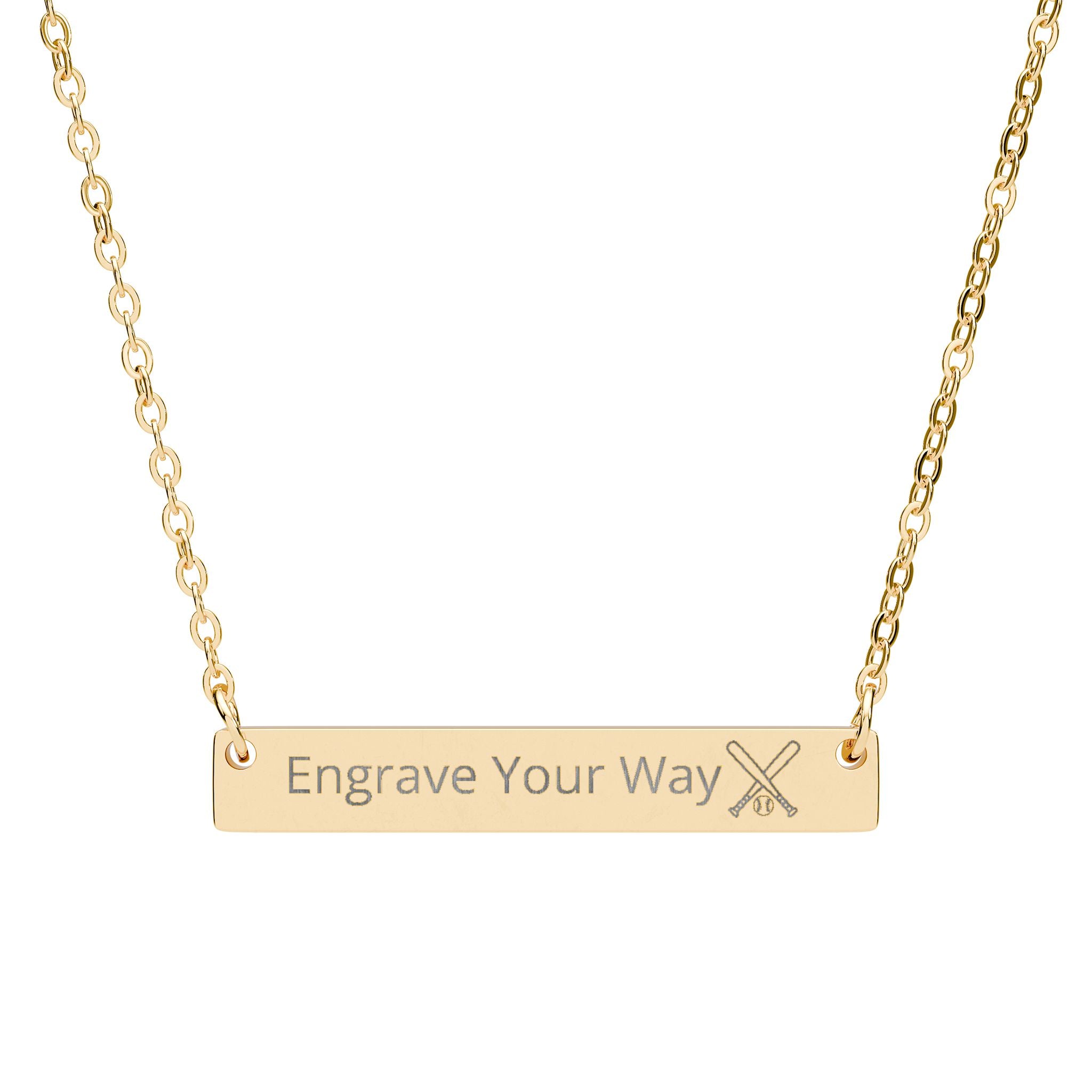 Gold necklace with a bar pendant with custom engraving and a crossed baseball bat and ball icon on white background