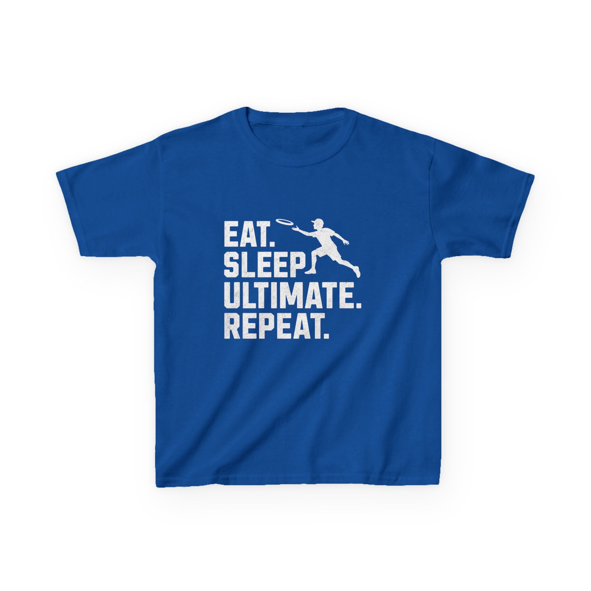 Blue t-shirt with white text and graphic on a white background