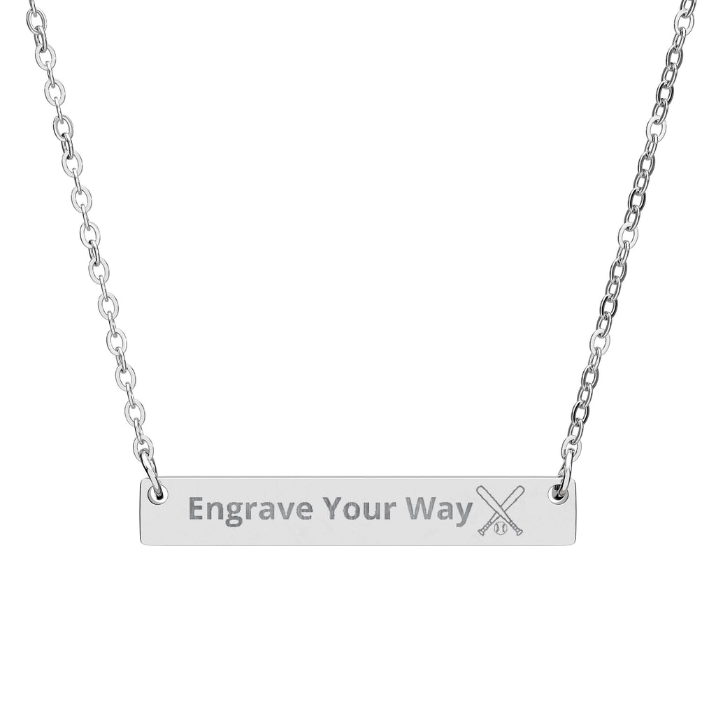 Silver necklace with a bar pendant engraved custom engraving and a crossed baseball bat and ball icon on a white background