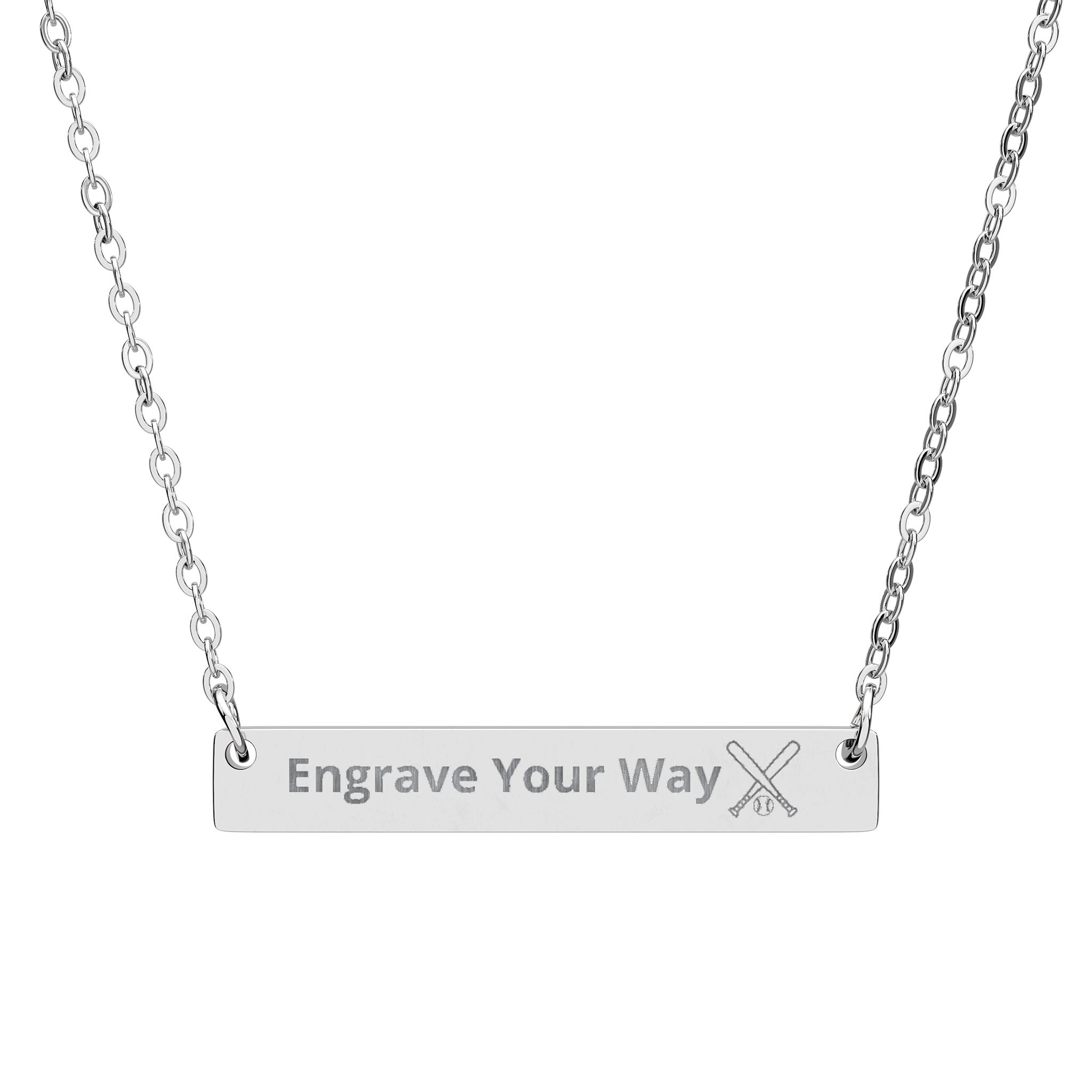 Silver necklace with a bar pendant engraved custom engraving and a crossed baseball bat and ball icon on a white background