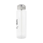 Clear water bottle with a gray lid on a white background