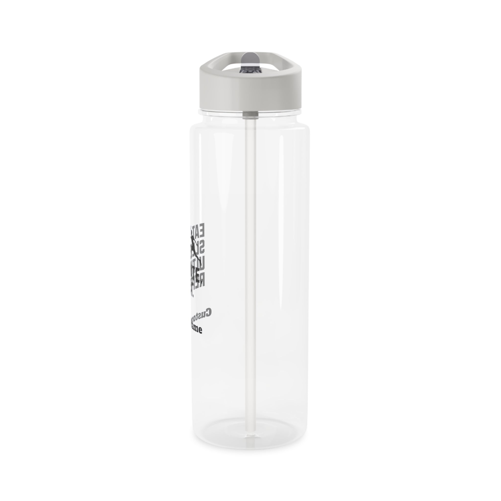 Clear water bottle with a gray lid on a white background