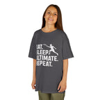 Child wearing a gray t-shirt with 'Eat. Sleep. Ultimate. Repeat.' text and graphic on a white background